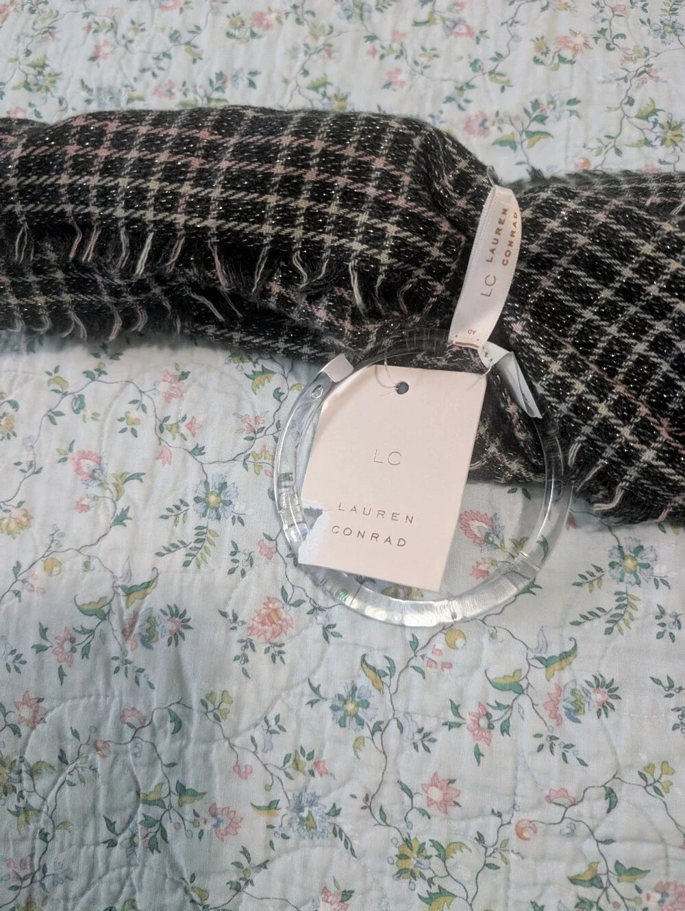 LC Lauren Conrad Black, Pink & Cream Plaid Knit Scarf with Metallic Thread